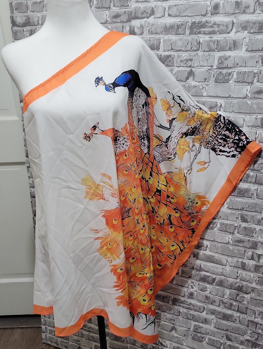 CHICME Orange And White one- shoulder peacock print Mini dress Womens Size L